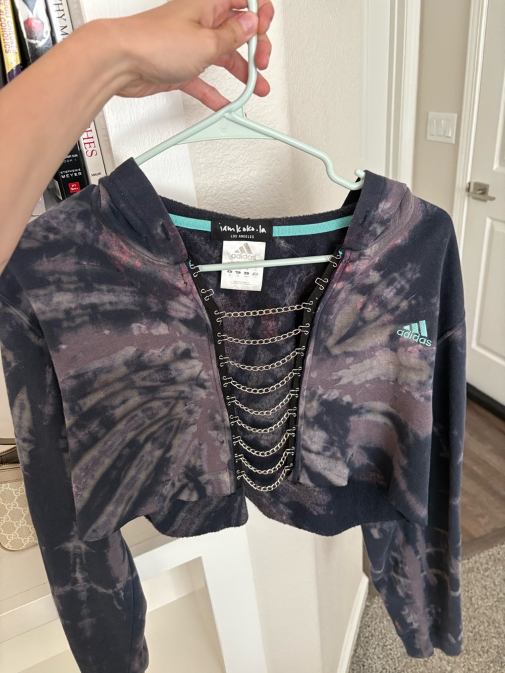 adidas reworked Black & Aqua Tie-Dye Cropped Hoodie with Chain Lacing